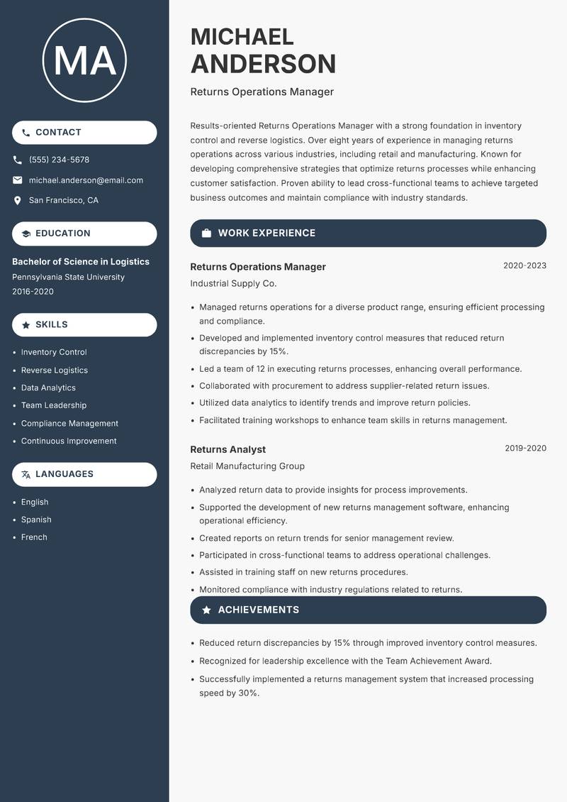 Returns Operations Manager resume sample — Returns Operations Manager focus