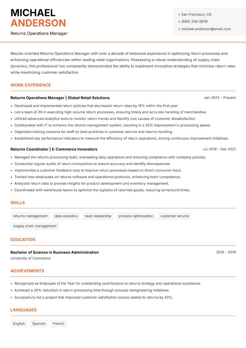 Returns Operations Manager resume sample — Returns Operations Manager focus
