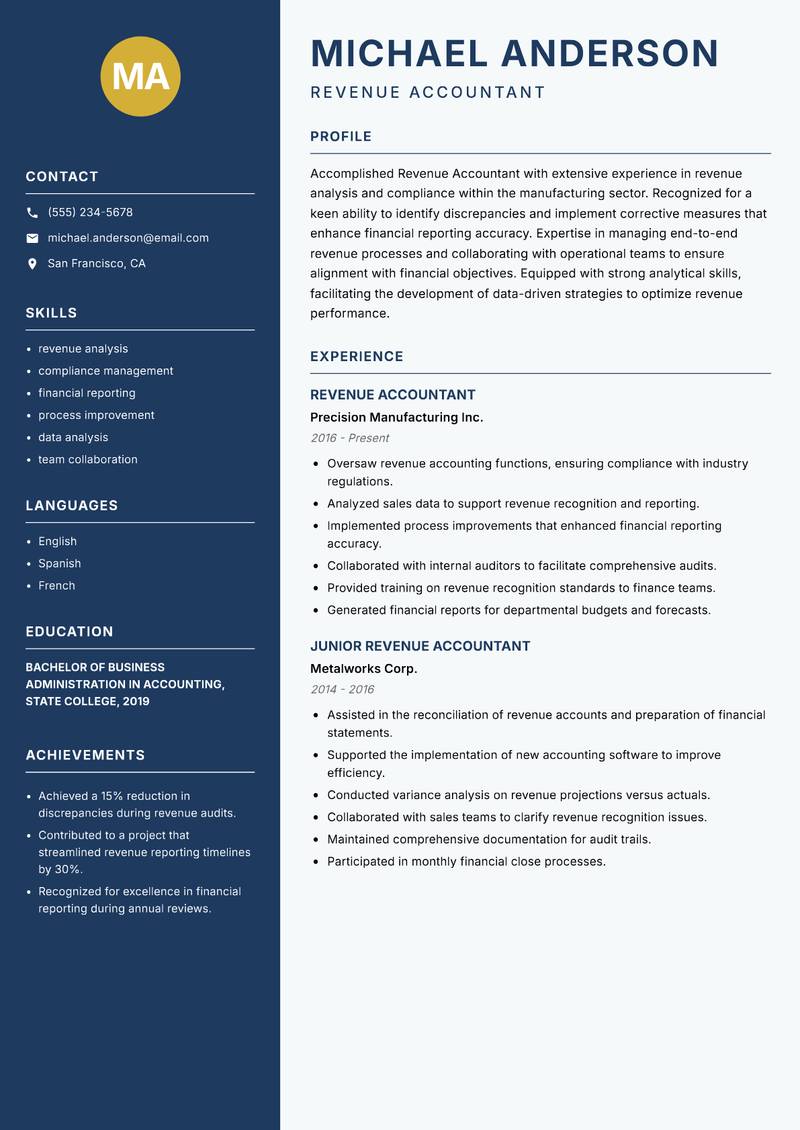 Revenue Accountant resume sample — Revenue Accountant focus
