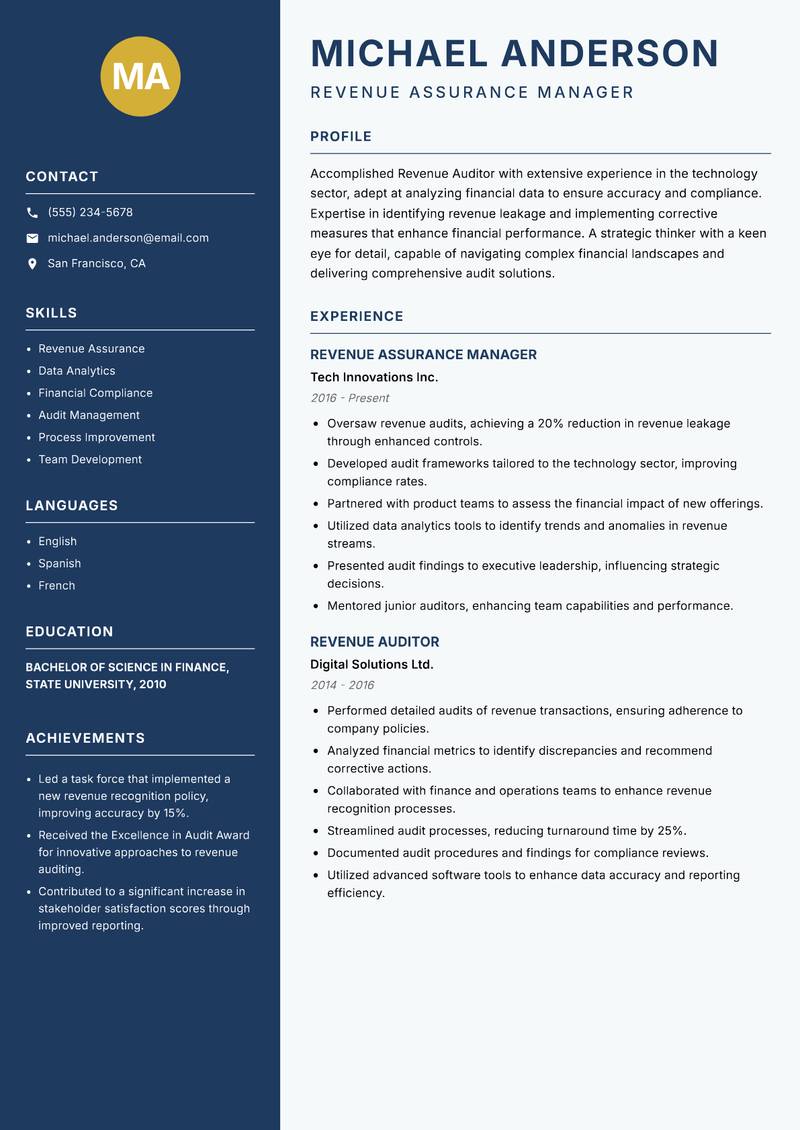 Revenue Auditor resume sample — Revenue Assurance Manager focus