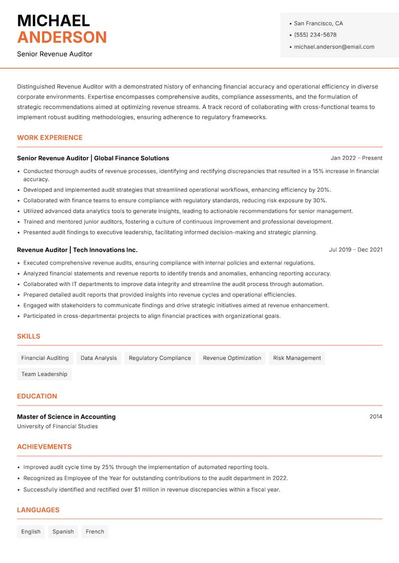 Revenue Auditor resume sample — Senior Revenue Auditor focus