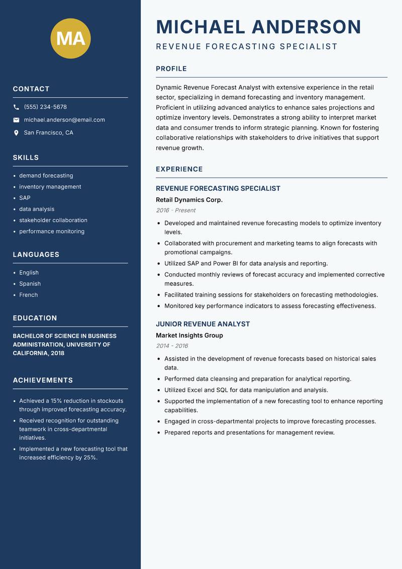 Revenue Forecast Analyst resume sample — Revenue Forecasting Specialist focus