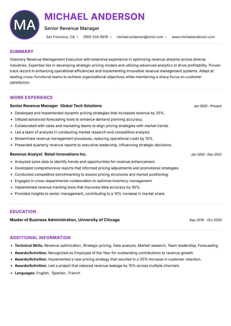 Revenue Management Executive resume example