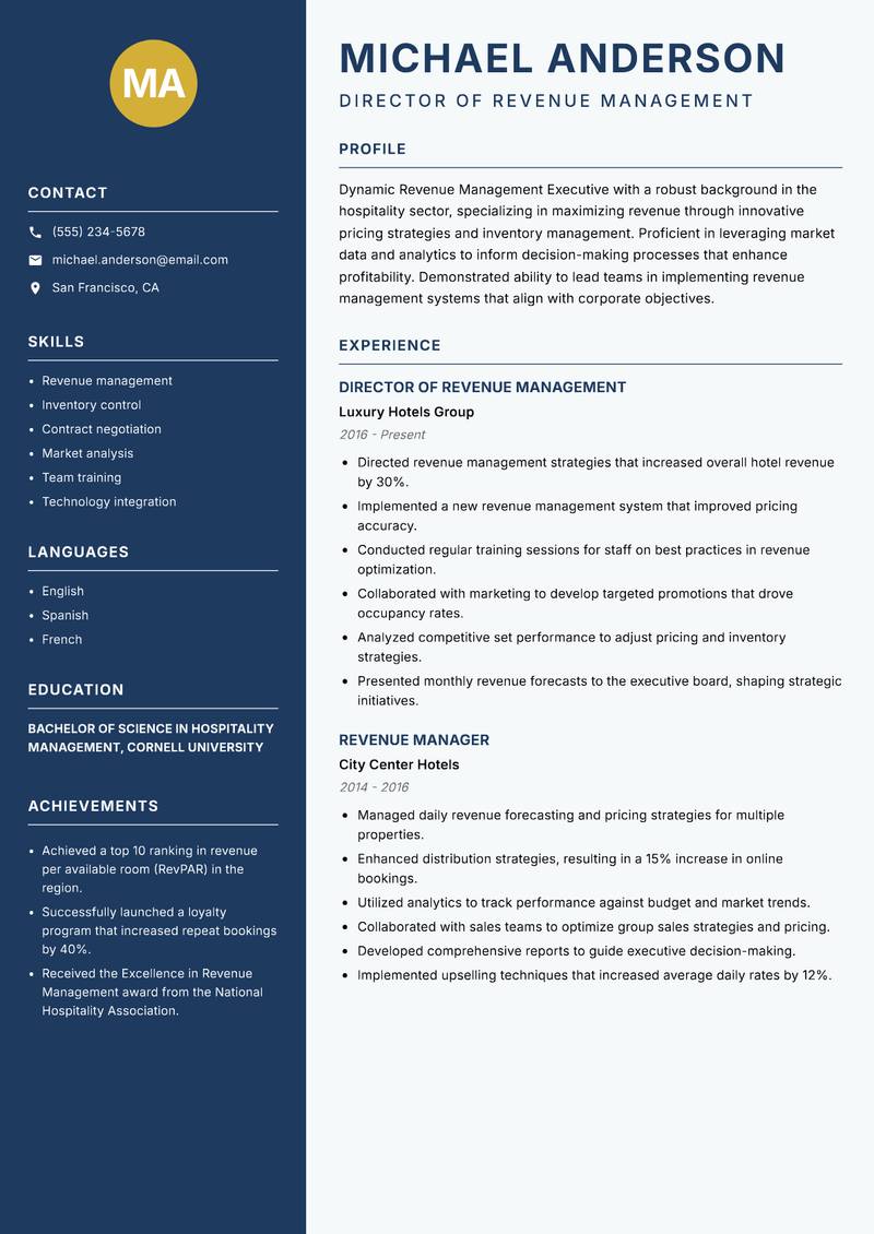 Revenue Management Executive resume sample — Director of Revenue Management focus
