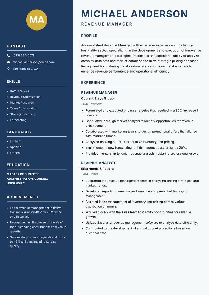 Revenue Manager Hospitality resume sample — Revenue Manager focus