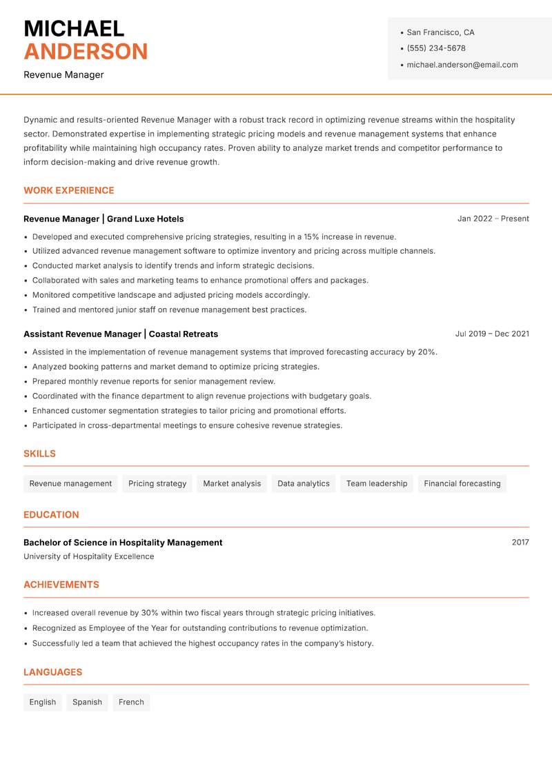 Revenue Manager Hospitality resume sample — Revenue Manager focus