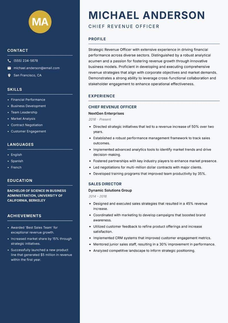 Revenue Officer resume sample — Chief Revenue Officer focus
