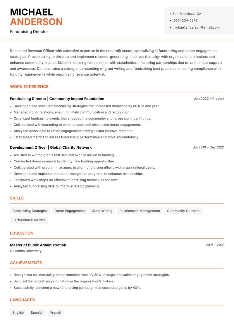 Revenue Officer resume sample — Fundraising Director focus