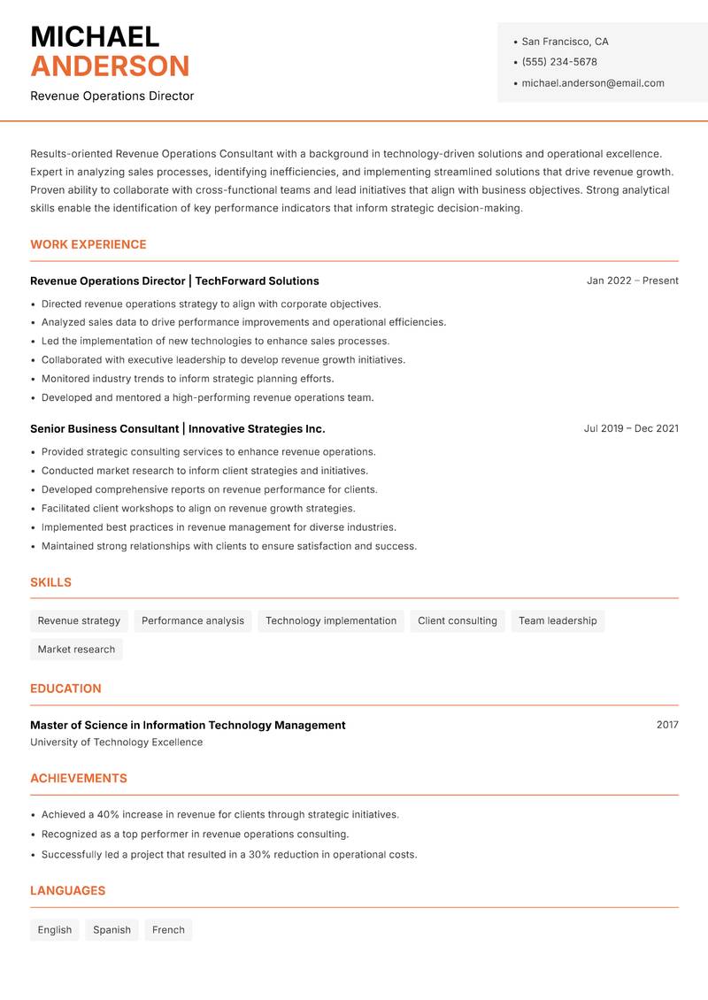 Revenue Operations Consultant resume sample — Revenue Operations Director focus