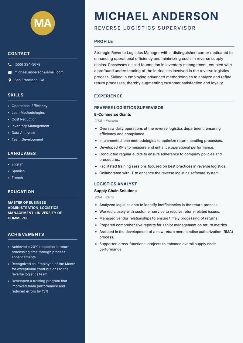 Reverse Logistics Manager resume sample — Reverse Logistics Supervisor focus