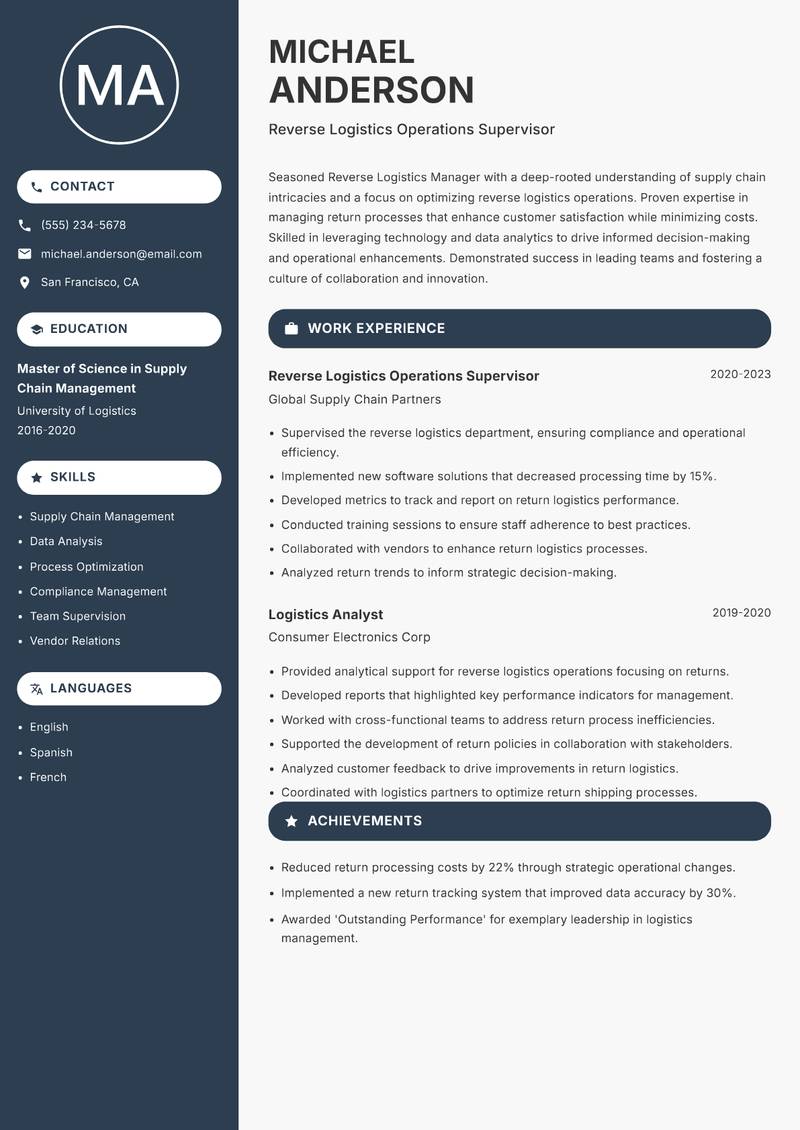 Reverse Logistics Manager resume sample — Reverse Logistics Operations Supervisor focus