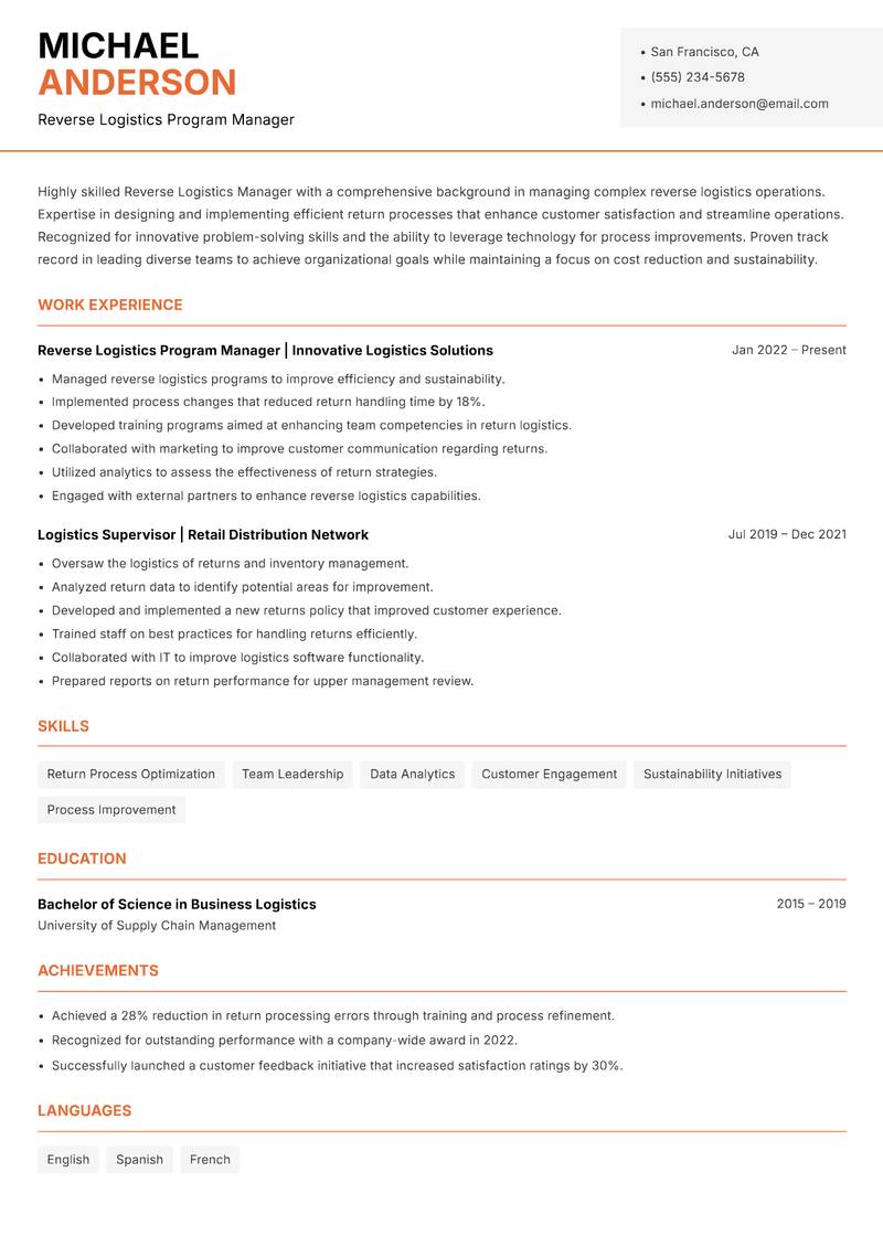 Reverse Logistics Manager resume sample — Reverse Logistics Program Manager focus