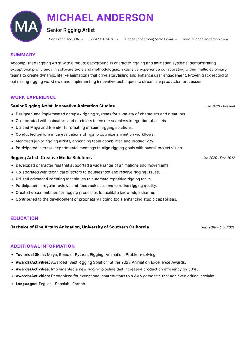 Rigging Artist resume example