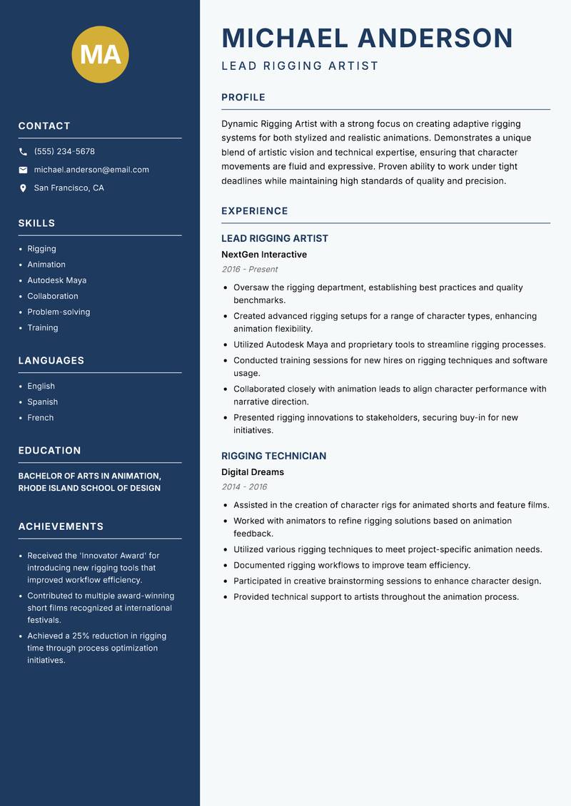 Rigging Artist resume sample — Lead Rigging Artist focus