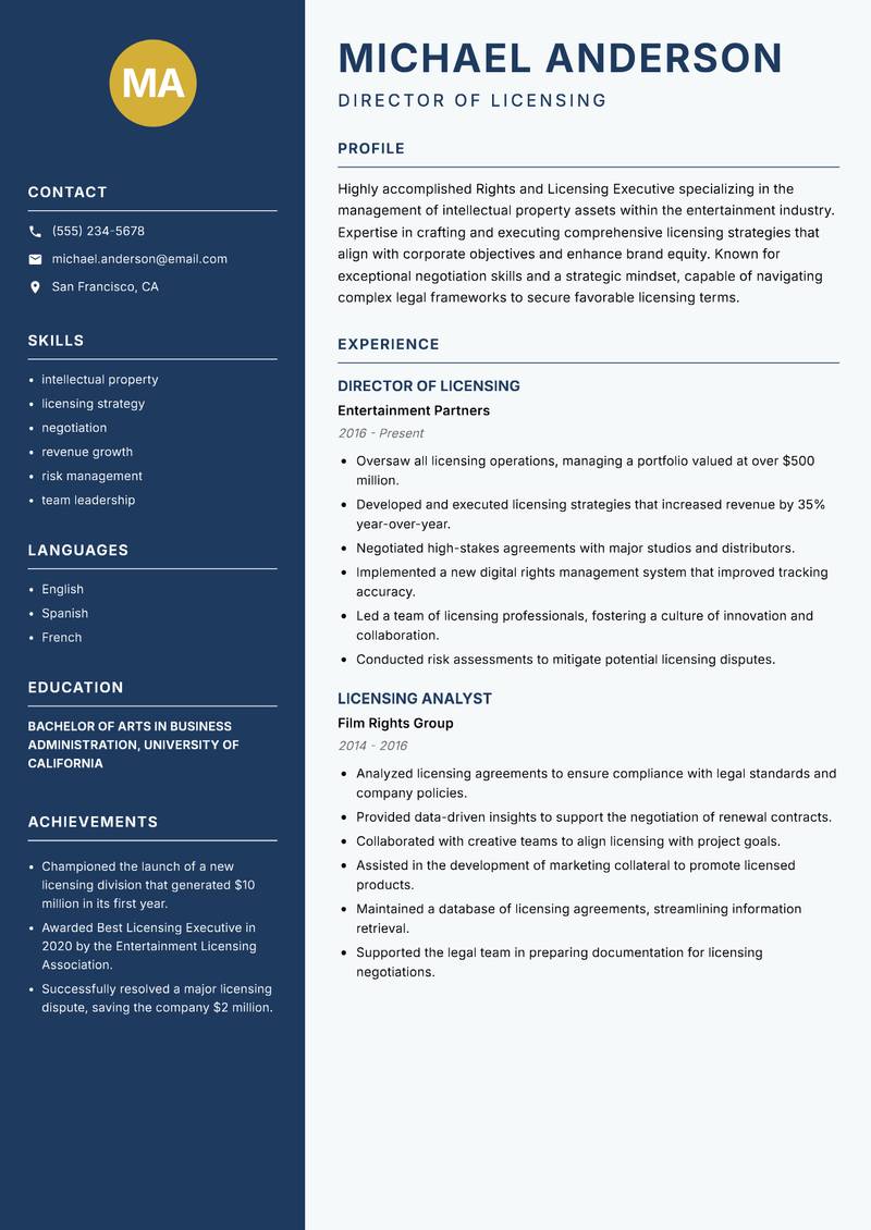 Rights and Licensing Executive resume sample — Director of Licensing focus