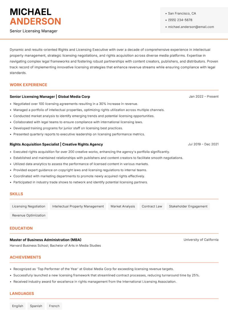 Rights and Licensing Executive resume sample — Senior Licensing Manager focus