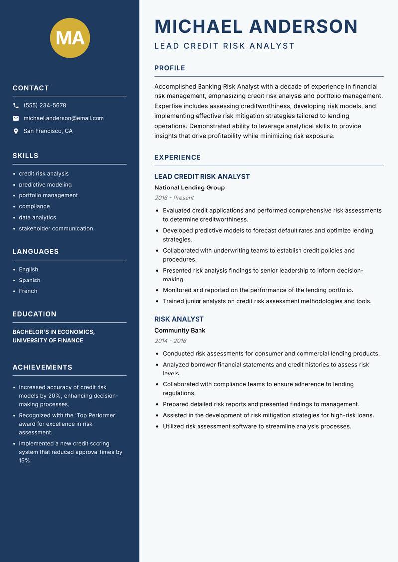Risk Analyst Banking resume sample — Lead Credit Risk Analyst focus