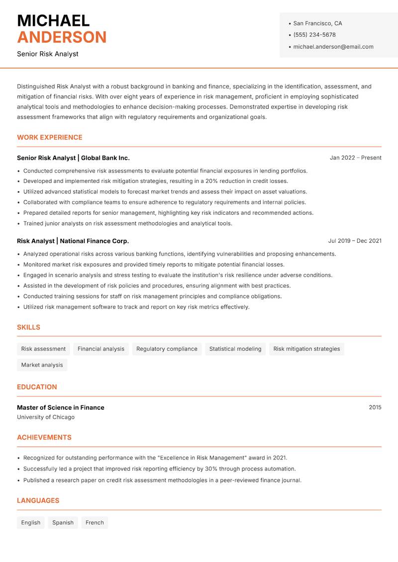 Risk Analyst Banking resume sample — Senior Risk Analyst focus