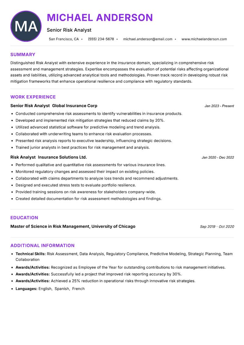 Risk Analyst Insurance resume example