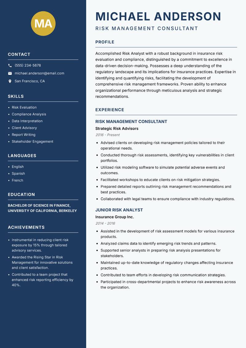 Risk Analyst Insurance resume sample — Risk Management Consultant focus
