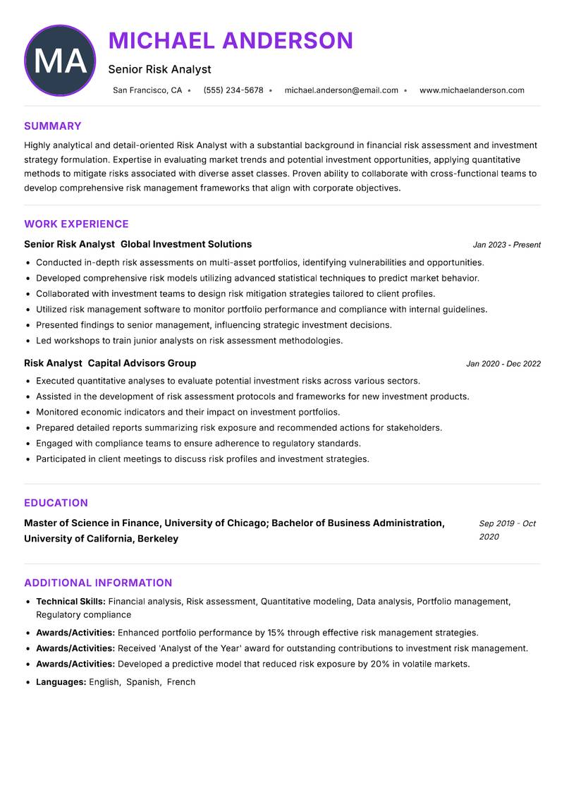 Risk Analyst Investments resume example