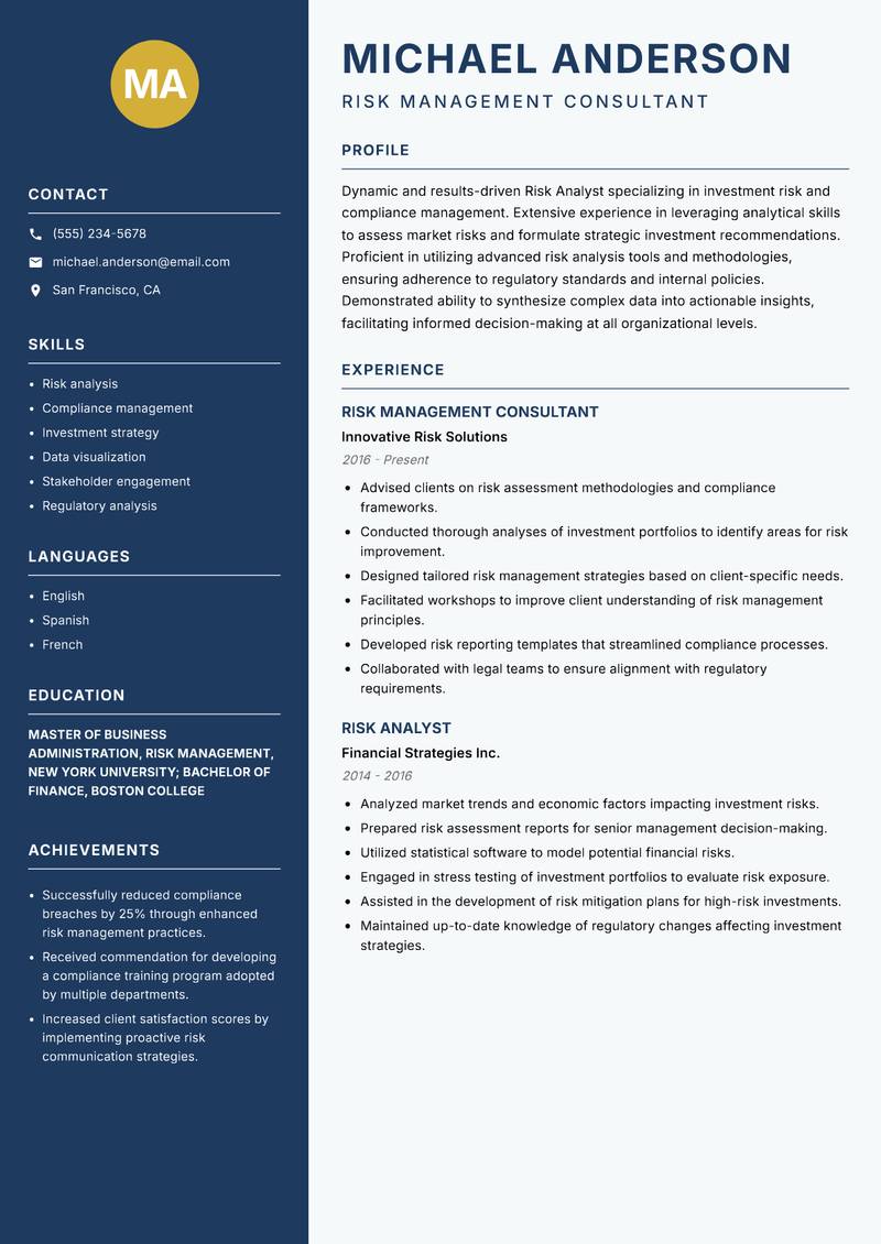 Risk Analyst Investments resume sample — Risk Management Consultant focus