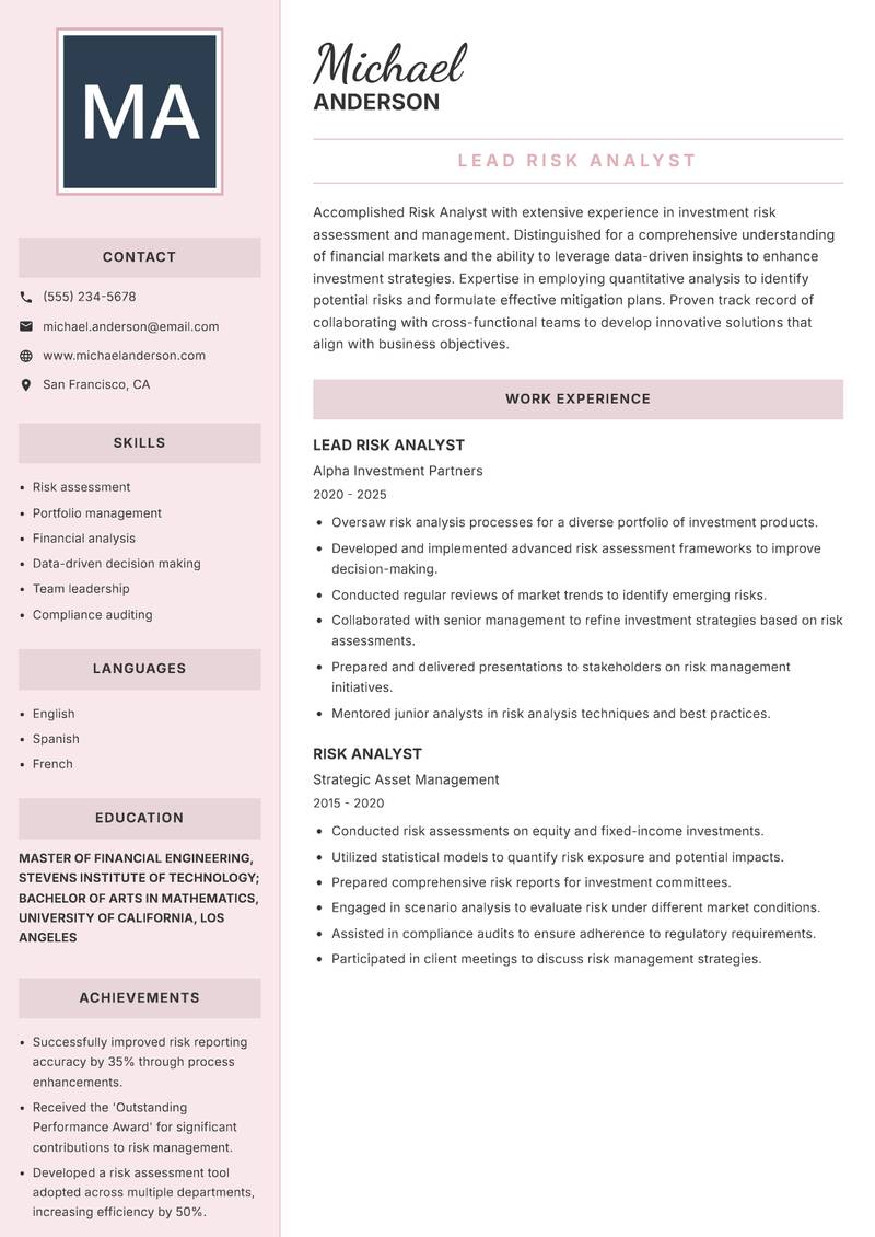 Risk Analyst Investments resume sample — Lead Risk Analyst focus