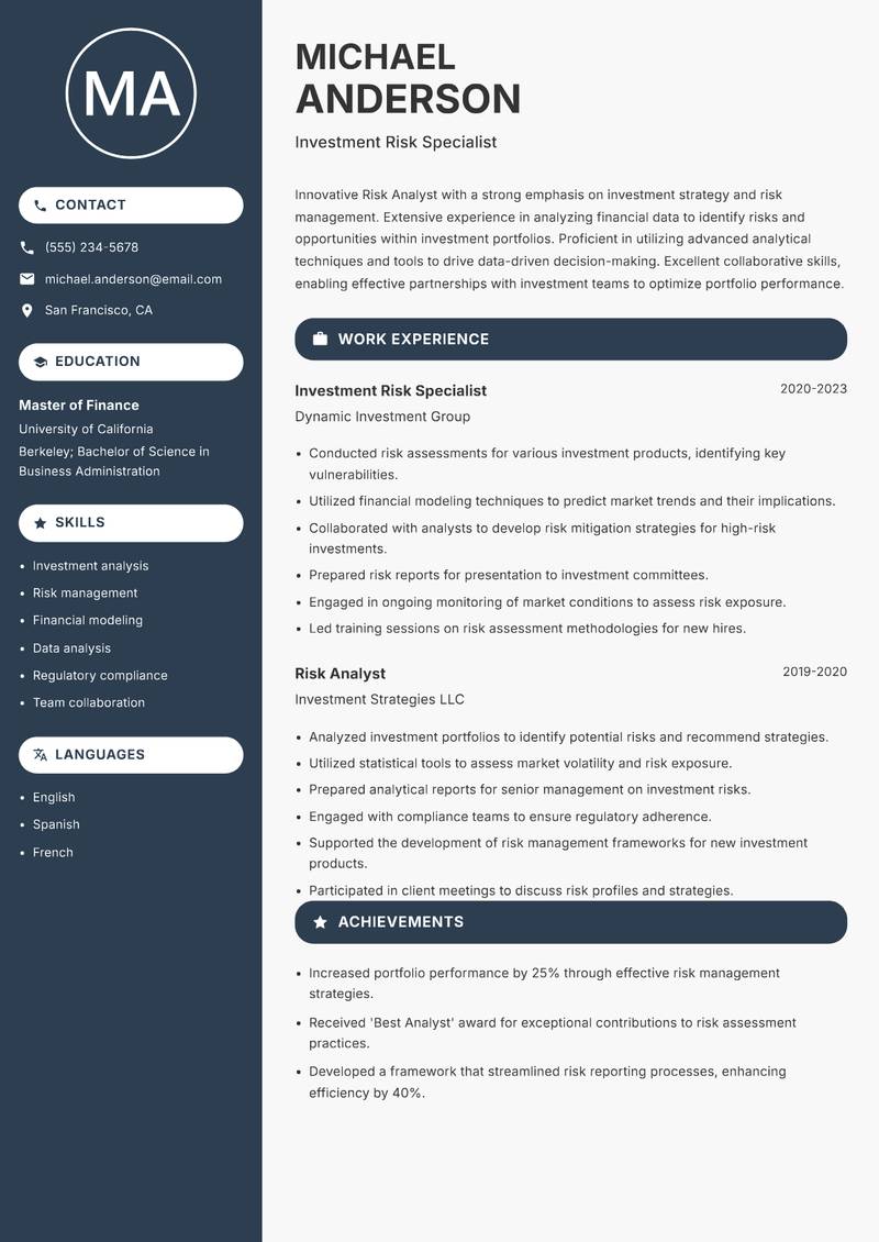 Risk Analyst Investments resume sample — Investment Risk Specialist focus
