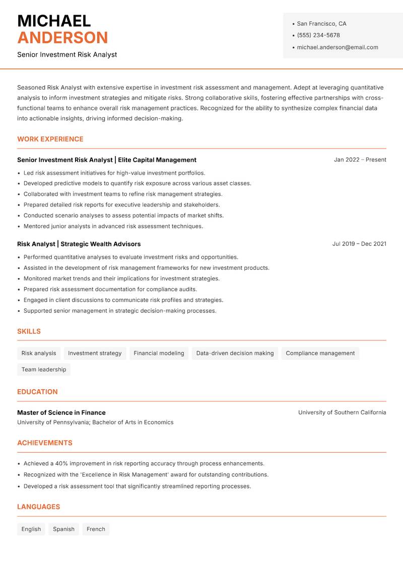 Risk Analyst Investments resume sample — Senior Investment Risk Analyst focus