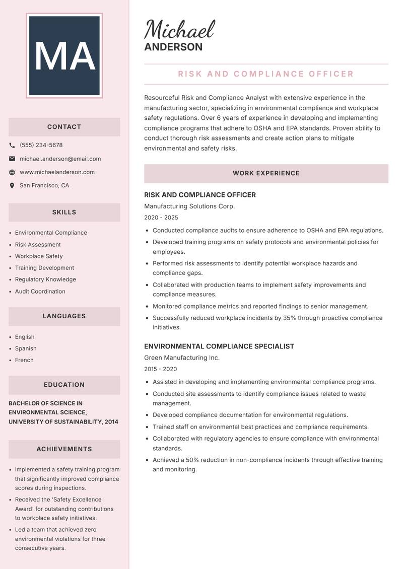 Risk and Compliance Analyst resume sample — Risk and Compliance Officer focus