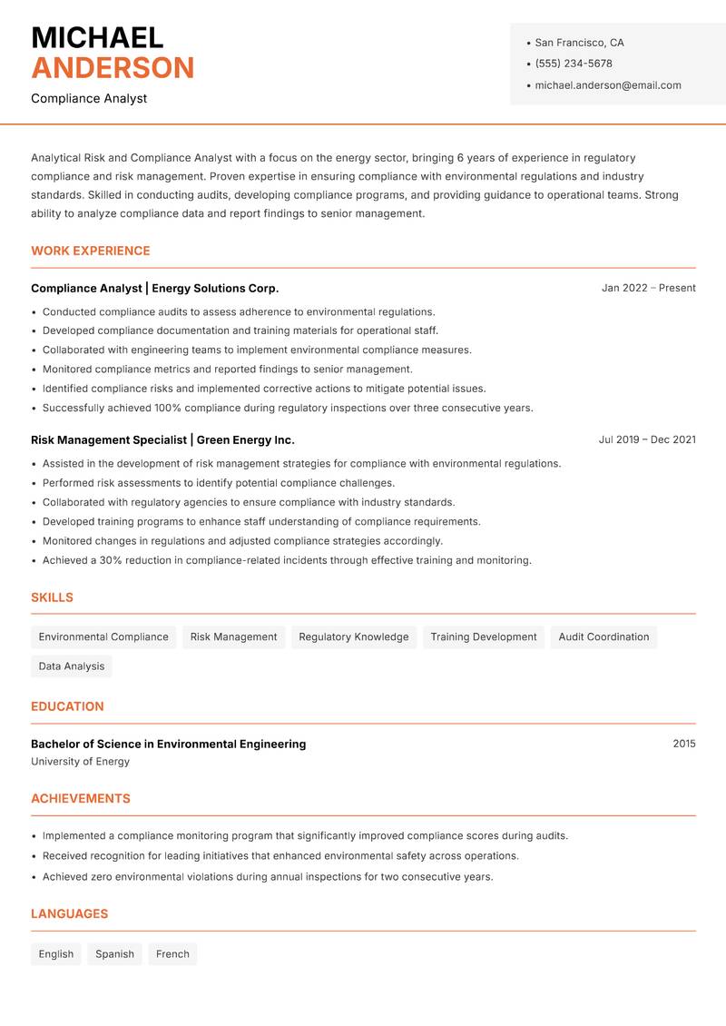 Risk and Compliance Analyst resume sample — Compliance Analyst focus