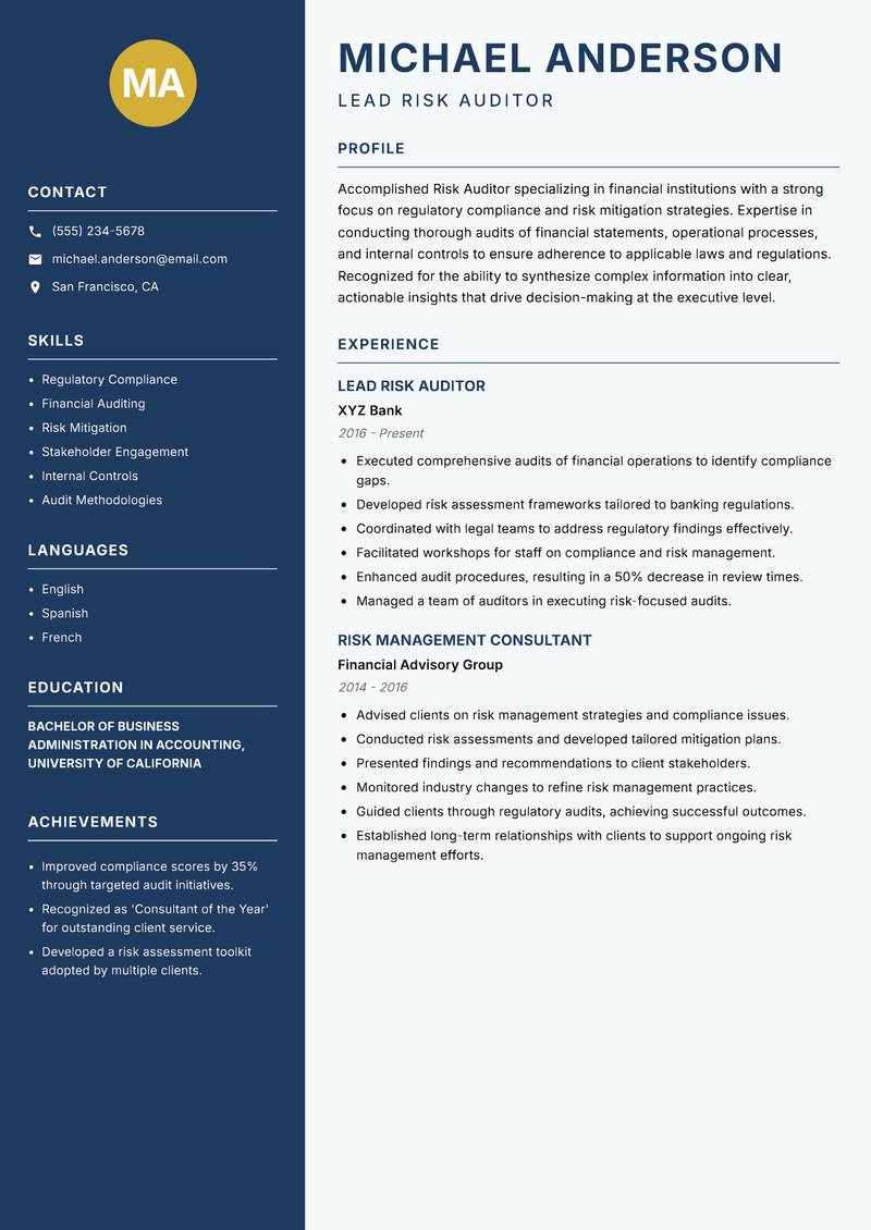 Risk Auditor resume sample — Lead Risk Auditor focus