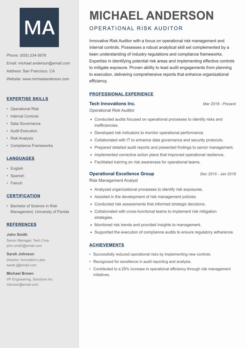 Risk Auditor resume sample — Operational Risk Auditor focus
