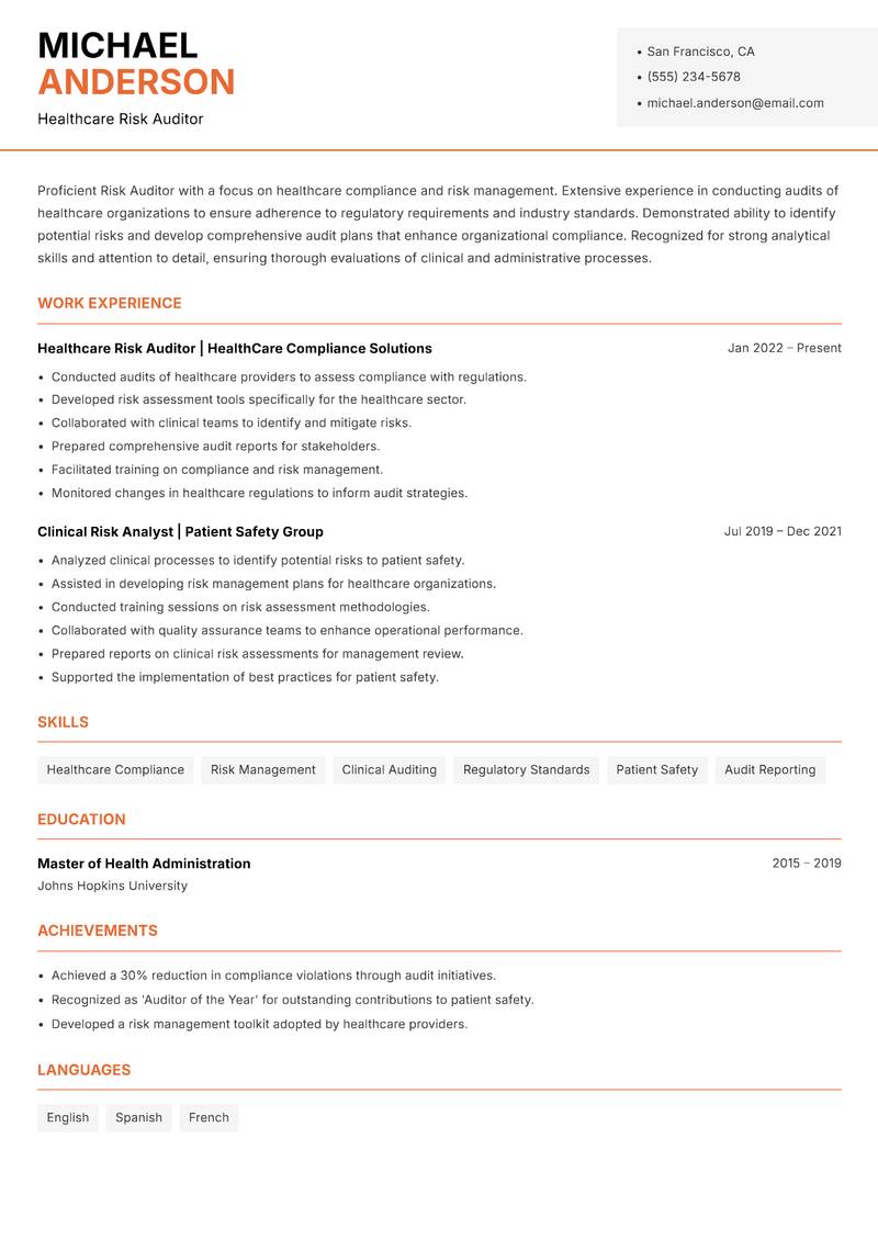 Risk Auditor resume sample — Healthcare Risk Auditor focus