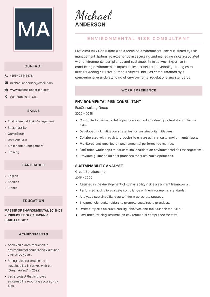Risk Consultant resume sample — Environmental Risk Consultant focus