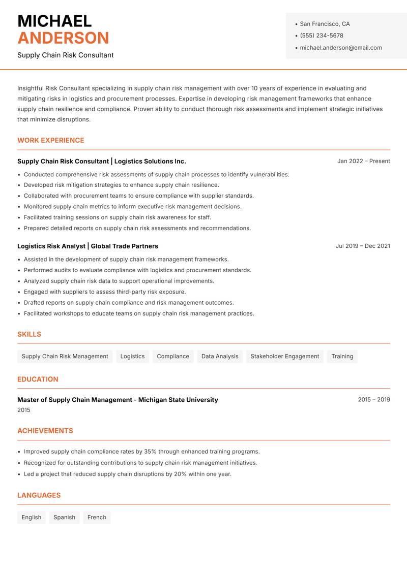 Risk Consultant resume sample — Supply Chain Risk Consultant focus