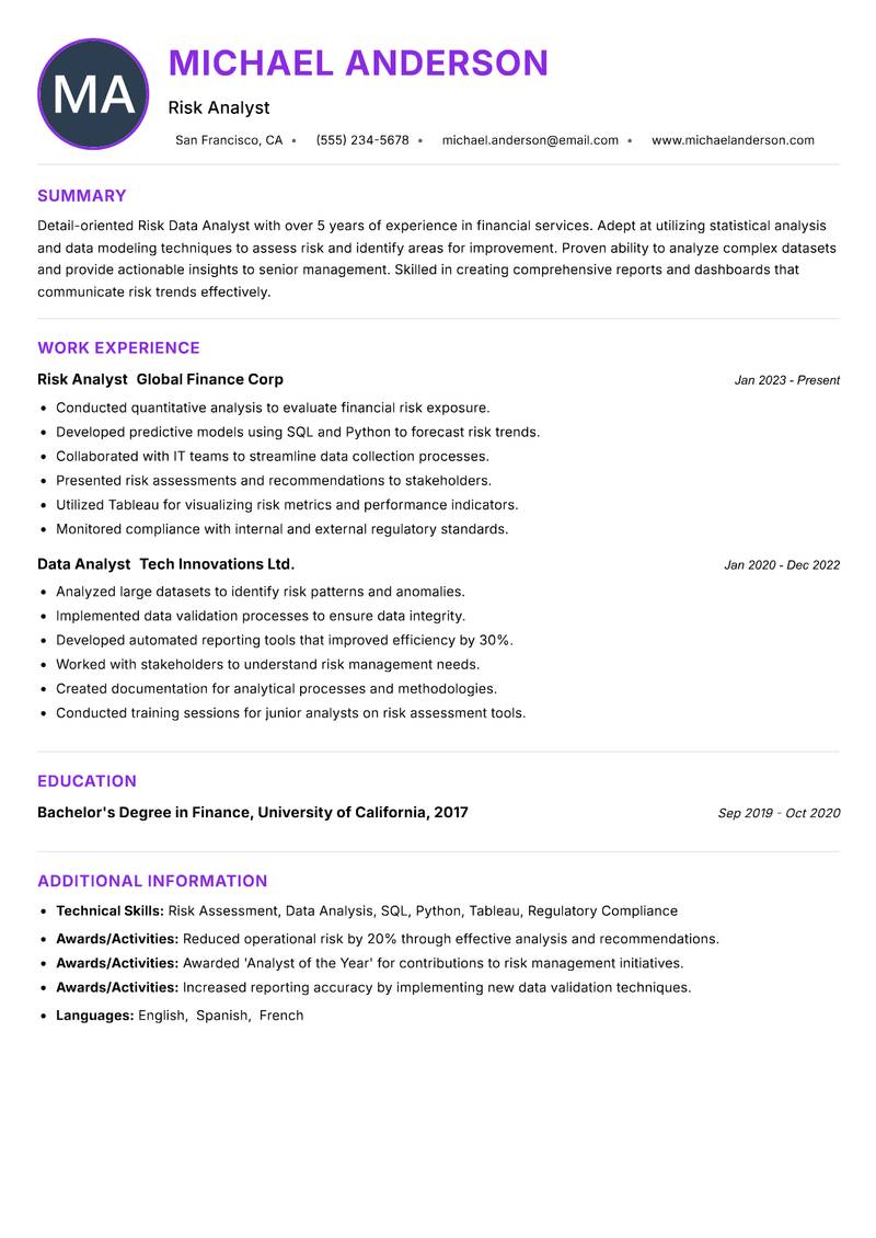 Risk Data Analyst resume example