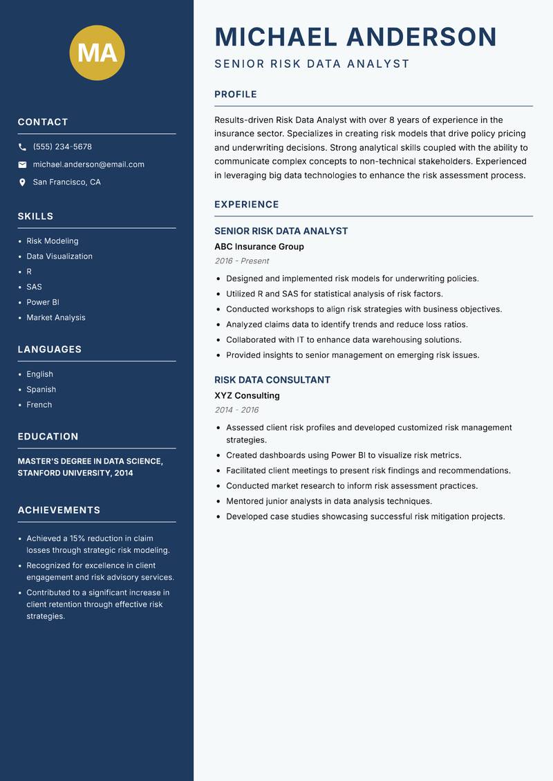 Risk Data Analyst resume sample — Senior Risk Data Analyst focus