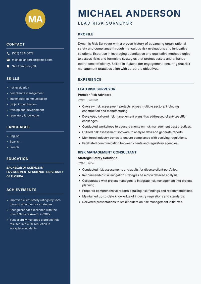 Risk Surveyor resume sample — Lead Risk Surveyor focus