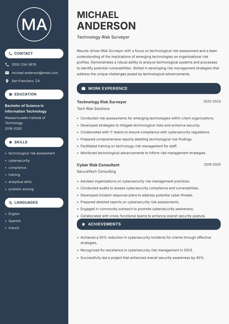 Risk Surveyor resume sample — Technology Risk Surveyor focus