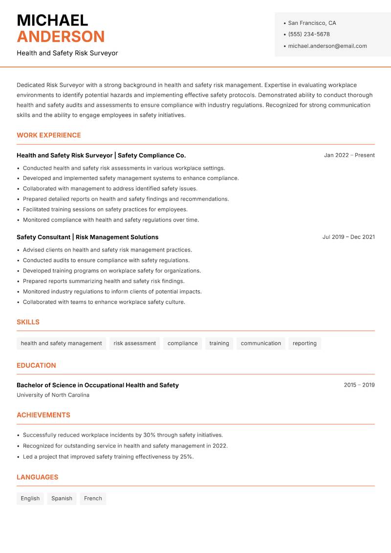 Risk Surveyor resume sample — Health and Safety Risk Surveyor focus
