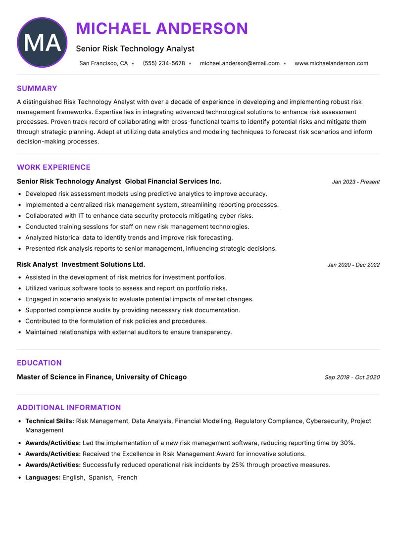 Risk Technology Analyst resume example
