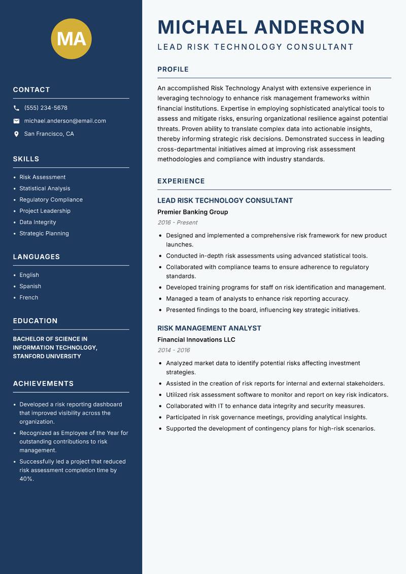 Risk Technology Analyst resume sample — Lead Risk Technology Consultant focus