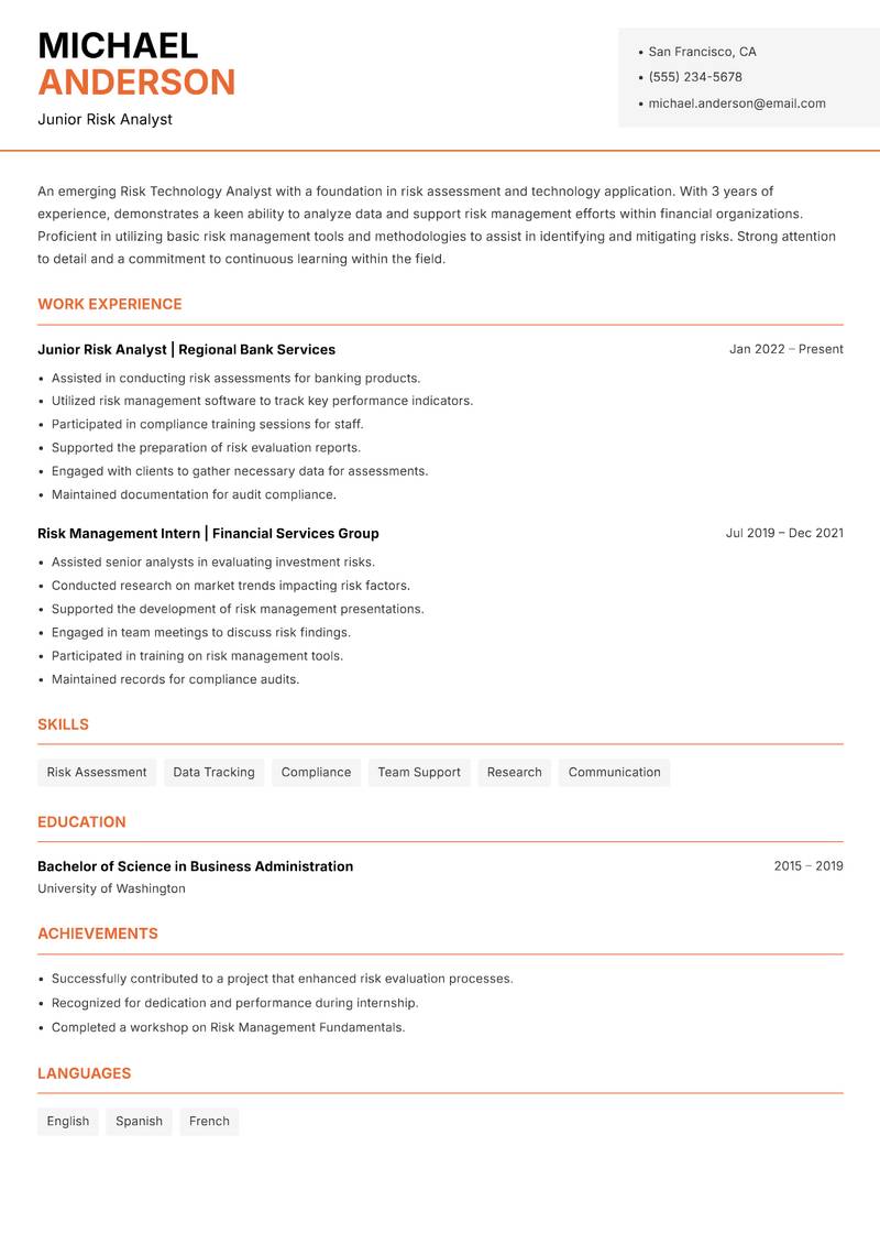Risk Technology Analyst resume sample — Junior Risk Analyst focus