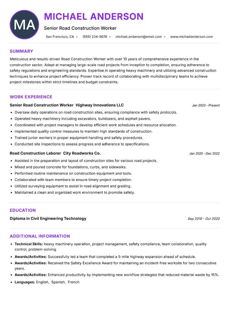 Road Construction Worker resume example