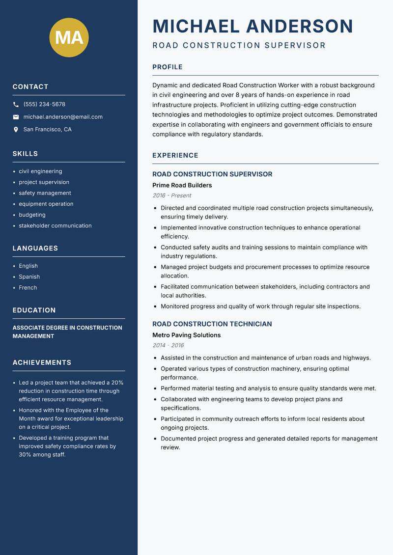 Road Construction Worker resume sample — Road Construction Supervisor focus