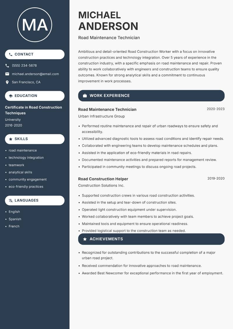 Road Construction Worker resume sample — Road Maintenance Technician focus
