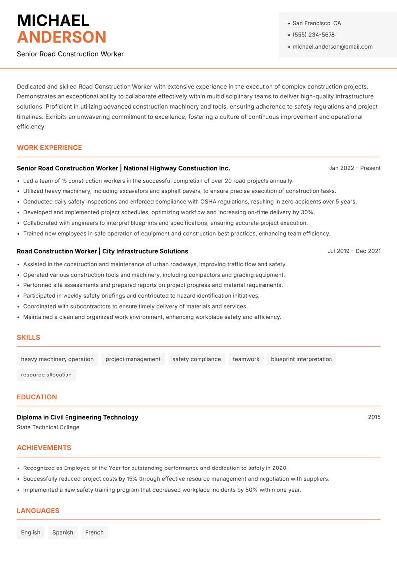 Road Construction Worker resume sample — Senior Road Construction Worker focus
