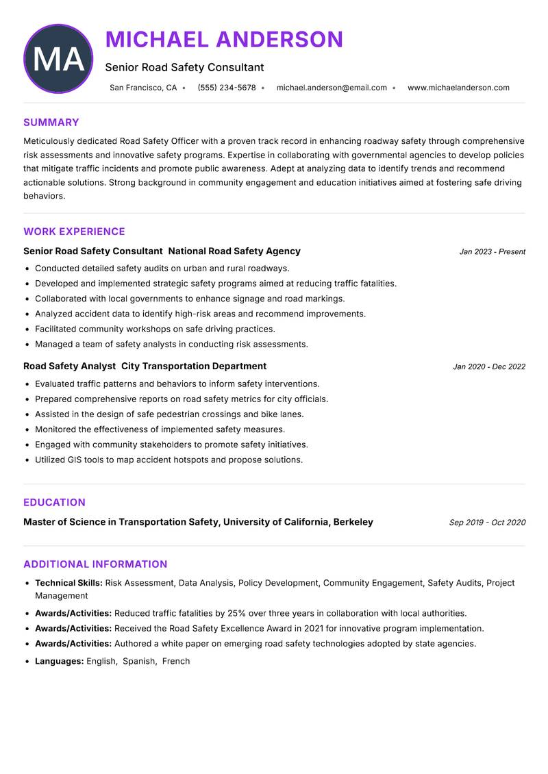 Road Safety Officer resume example