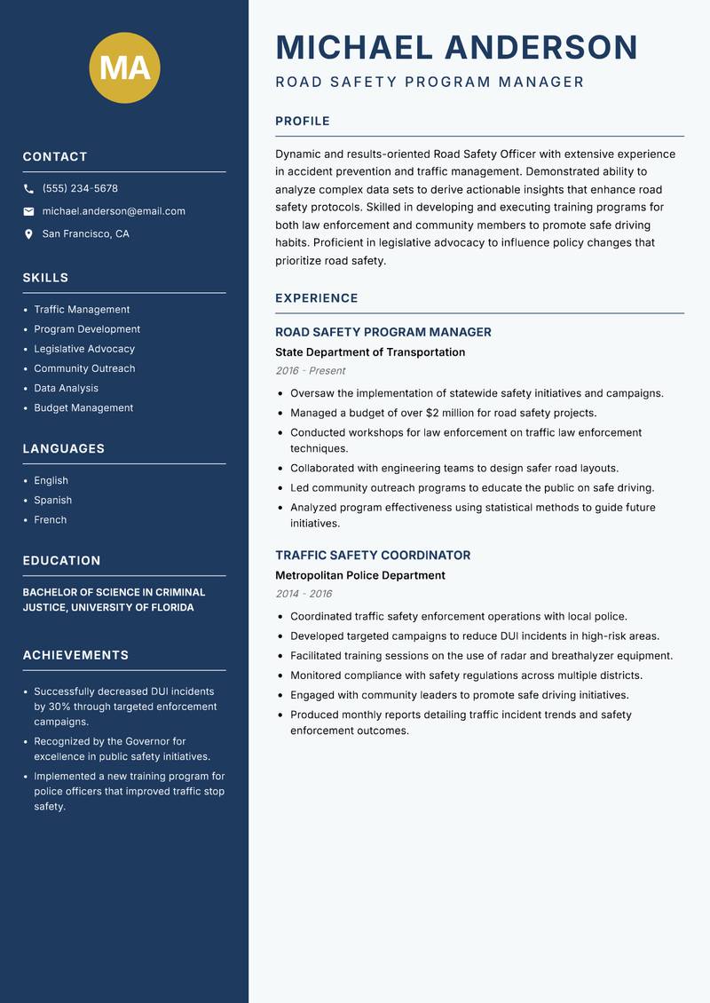 Road Safety Officer resume sample — Road Safety Program Manager focus